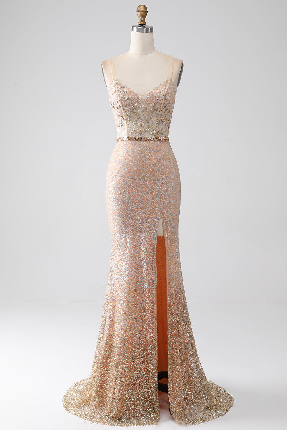 Luolandi Sparkly Champagne Mermaid Spaghetti Straps Long Corset Prom Dress with Slit Evening Dresses